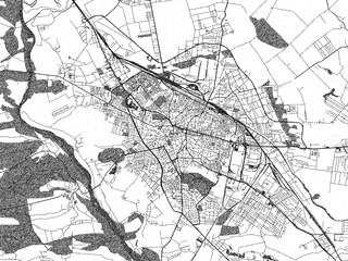 Fototapeta premium Black and white illustrated map of Craiova, Romania, with streets, rivers, and neighborhoods.