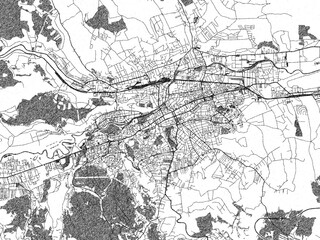 Naklejka premium Black and white illustrated map of Cluj-Napoca, Romania, with streets, rivers, and neighborhoods.