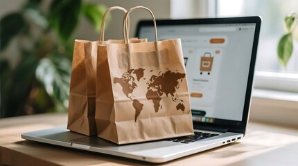 Global Online Shopping Concept with Paper Bags on Laptop Keyboard