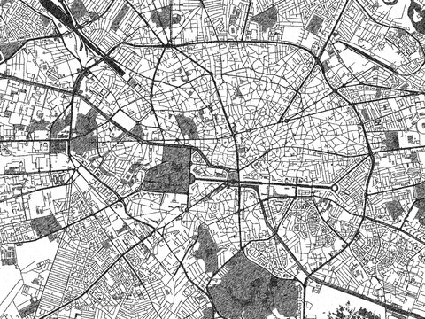 Poster-style sketch map of Bucharest City Center, Romania, designed in artistic monochrome.