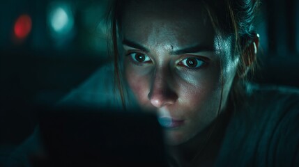 Intense gaze of a focused individual illuminated by digital screen light, revealing concentration and technological immersion in a dimly lit environment