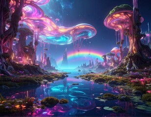 Naklejka premium Vibrant Holographic River Delta with Glowing Mushrooms