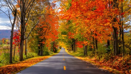 Fototapeta premium Scenic Autumn Road: Vibrant Fall Foliage, Countryside Drive, Golden Hour Light