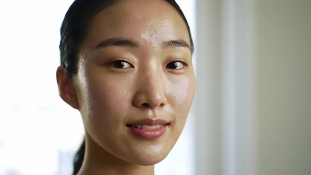A serene asian woman with a hydrafacial treatment on her face, glowing with relaxation and rejuvenation in a spa setting with soft lighting.