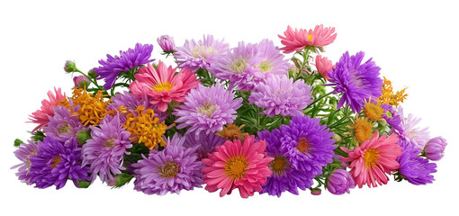 colorful purple, pink, and yellow asters arranged in an elongated rectangular bouquet against a white background.