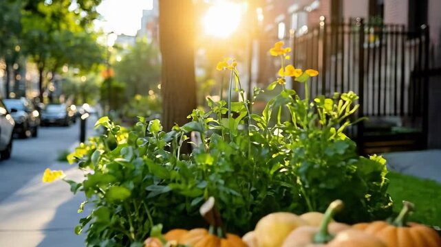 Sunlit urban sidewalk planter brimming with pumpkins, squash, and bright flowers.