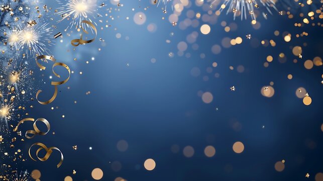 Sparkling Celebration Background with Glittering Confetti and Bright Fireworks in Blue and Gold Theme for Festive Occasions