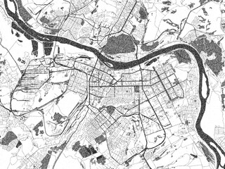 Poster-ready monochrome city map of Kemerovo, Russian Federation, with detailed streets and rivers.