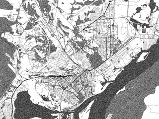 Fototapeta premium Stylized decorative city map of Komsomolsk-on-Amur, Russian Federation, hand-drawn in black and white.