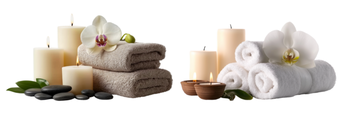 towels, orchid flowers, and candles in a spa setting, isolated on a white background 