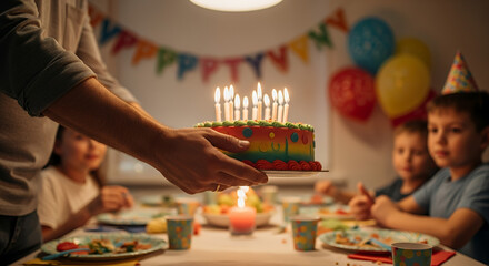 Fototapeta premium Father presenting colorful birthday cake with candles to joyful children at festive table setting