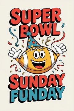 Cartoon Football Character Celebrates Super Bowl Sunday Funday w