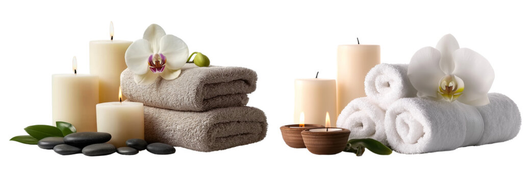 towels, orchid flowers, and candles in a spa setting, isolated on a white background 