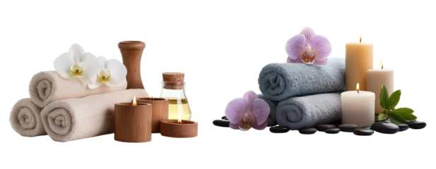 a magnolite and grey towels with orchid, candle, pebbles on white background spa concept