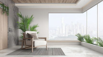 armchair. Sleek living room featuring a single chair by a large window, with natural light and blurred outdoor greenery. lifestyle magazines.