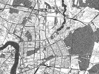 Naklejka premium Black and white illustrated map of Krasnogvargeisky, Russian Federation, with streets, rivers, and neighborhoods.