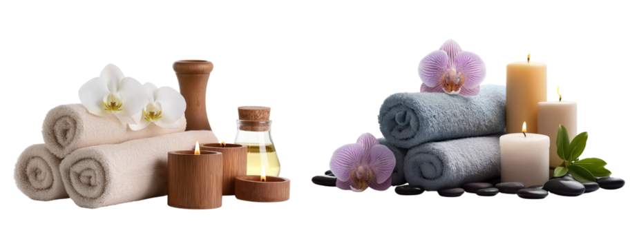 a magnolite and grey towels with orchid, candle, pebbles on white background spa concept
