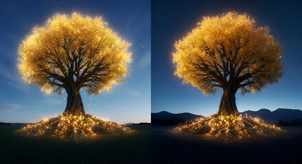 Golden Tree of Life - Illuminated Roots and Branches in the Night.