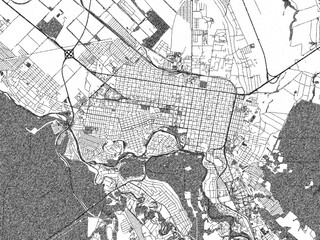 Naklejka premium Illustrated city map of Maykop, Russian Federation, in black and white, showing roads and textures.