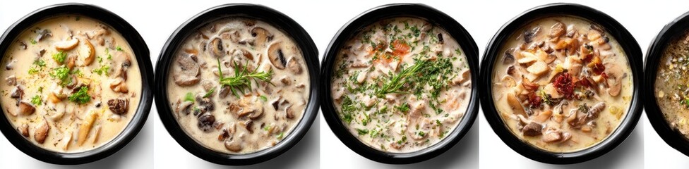 Four bowls of creamy mushroom soup, garnished with fresh herbs