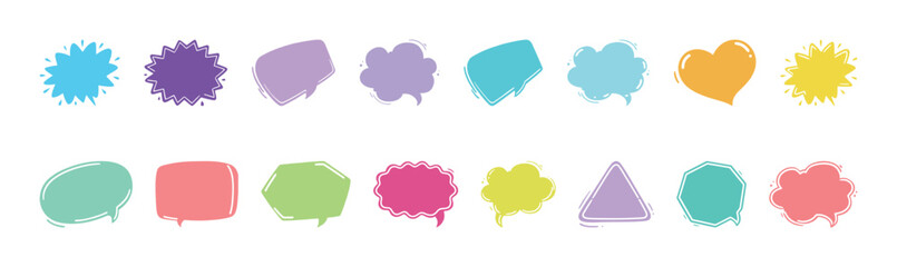 Collection of various colorful doodle speech bubbles, an artistic and vibrant set for communication and design.