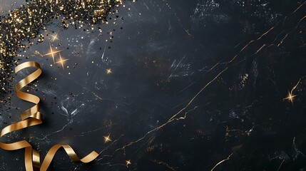 Elegant Black and Gold Background with Glitter and Ribbon for Celebratory Themes and Seasonal Events