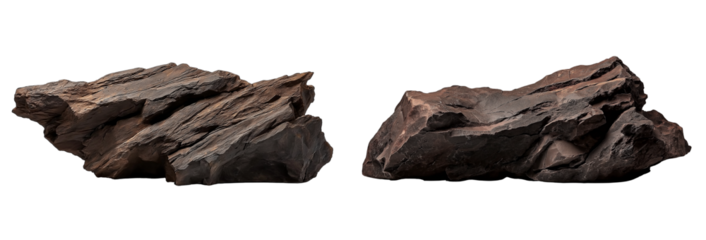 large piece of dark brown wood with a rock on the side