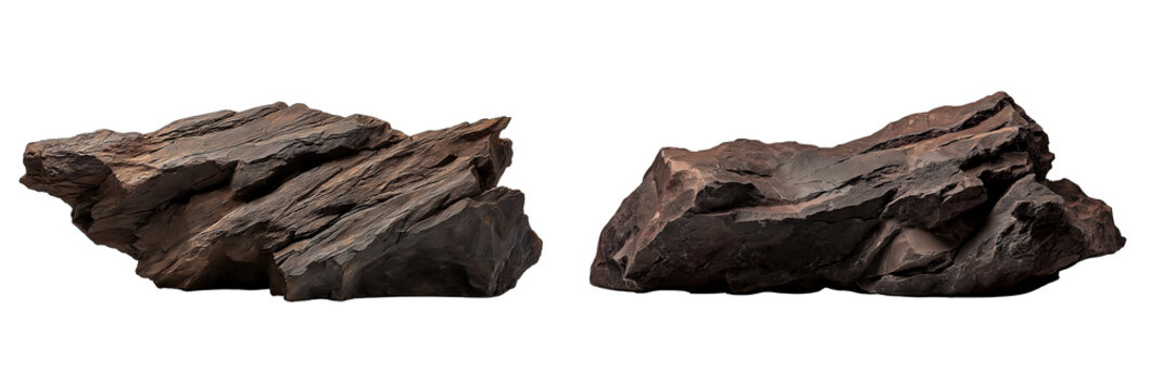 large piece of dark brown wood with a rock on the side