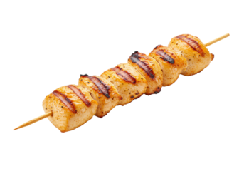 A single grilled chicken shish kebab, golden-brown with crisp char marks on a wooden stick, against a transparent background with copy space and bright studio lighting. Concept for food advertising