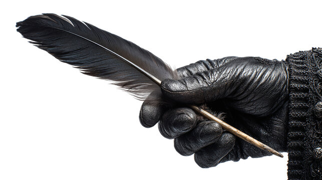 Gloved hand holding quill pen isolated on transparent background