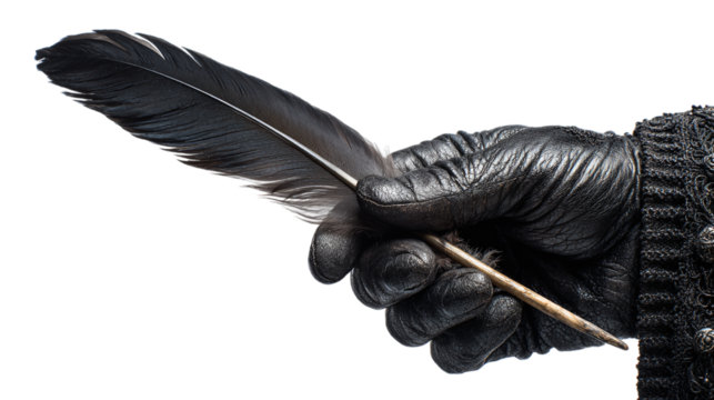 Gloved hand holding quill pen isolated on transparent background