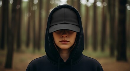 A person wearing a black hoodie and baseball cap, positioned within a blurred forest, evokes a sense of mystery and contemplation.