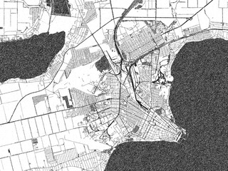 Obraz premium Illustrated city map of Taganrog, Russian Federation, in black and white, showing roads and textures.
