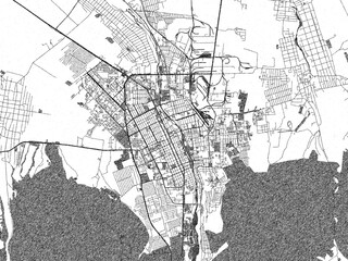 Fototapeta premium Urban black and white map of Vladikavkaz, Russian Federation, designed in a sketch style for prints.