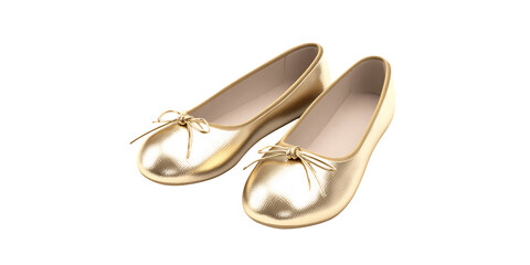 Elegant golden ballet flats with delicate bow on black background Stylish footwear concept for women, girls, dancers, and special occasions