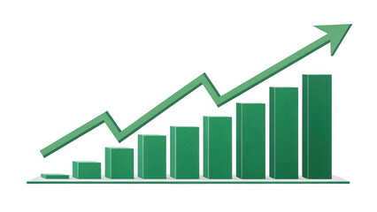 Green bar chart with upward trending arrow isolated on transparent background