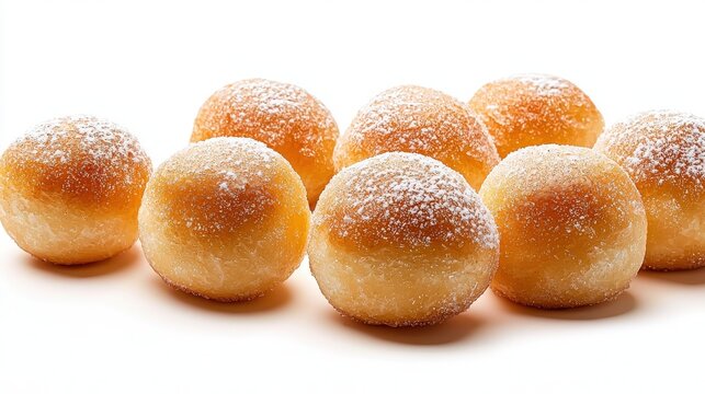 Assorted golden baked bread rolls with powdered sugar topping arranged in a row on a white background perfect for bakery and dessert presentation