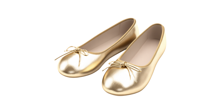 Elegant golden ballet flats with delicate bow on black background Stylish footwear concept for women, girls, dancers, and special occasions