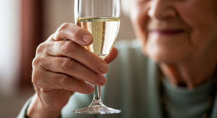 Elderly woman toasting with glass of champagne celebrating special occasion with smile