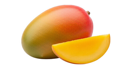 A vibrant mango with a slice shows a gradient of colors, from green to red, on a black backdrop.