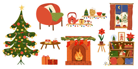 Cozy winter set of home decor items with Christmas elements on a white background