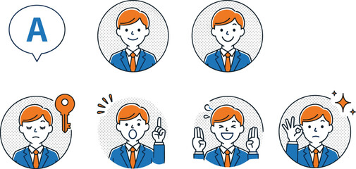Fototapeta premium Set of cartoon business character expressions, orange hair, blue suit, various emotions and gestures, communication, idea, approval, success, problem solving, lifestyle, vector