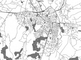 Stylized decorative city map of Krusevac, Serbia, hand-drawn in black and white.