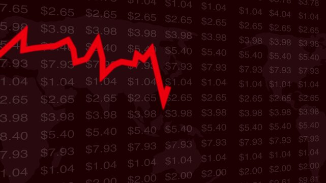 Dramatic stock market crash chart with falling prices. Digital display of a falling stock market candlestick charts and downward arrows animation
