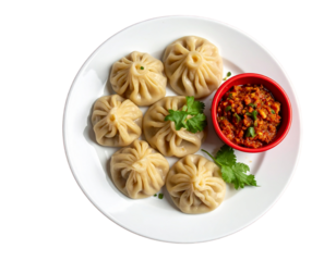 Nepalese Chicken Momos with Achar, Top-Down Plate View, Isolated on Transparent Background.