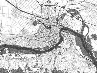 Poster-ready black and white illustration map of Novi Sad, Serbia, detailed and artistic.