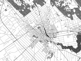 Detailed artistic sketch map of Subotica, Serbia, in monochrome black and white.