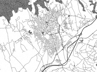 Detailed black and white map of Vranje, Serbia, in artistic sketch style.