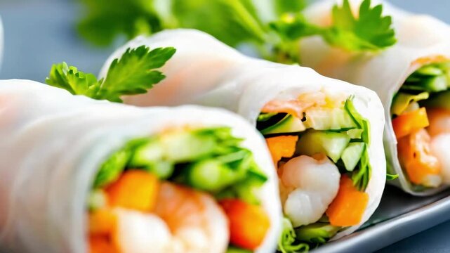 Rice paper shrimp spring rolls filled with lettuce, cucumber, carrot and herbs, served with a dipping sauce.
