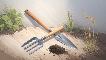 Gardening tools on wooden planks, with soil and plants
